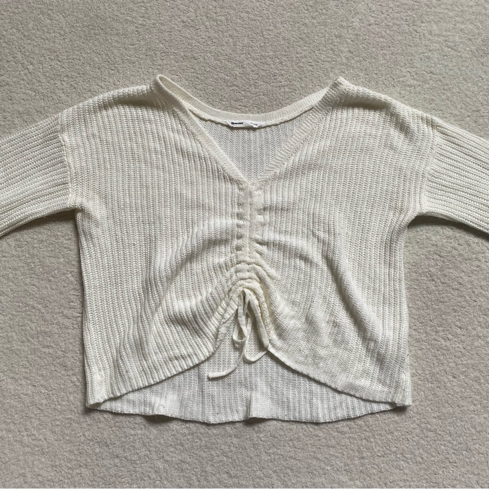 Bluenotes White Knit V-Neck Sweater with Flattering Ruching & Tie Details - XL